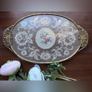 Antique Regent of London Glass Tray: Lace & Petit Point Embroidery